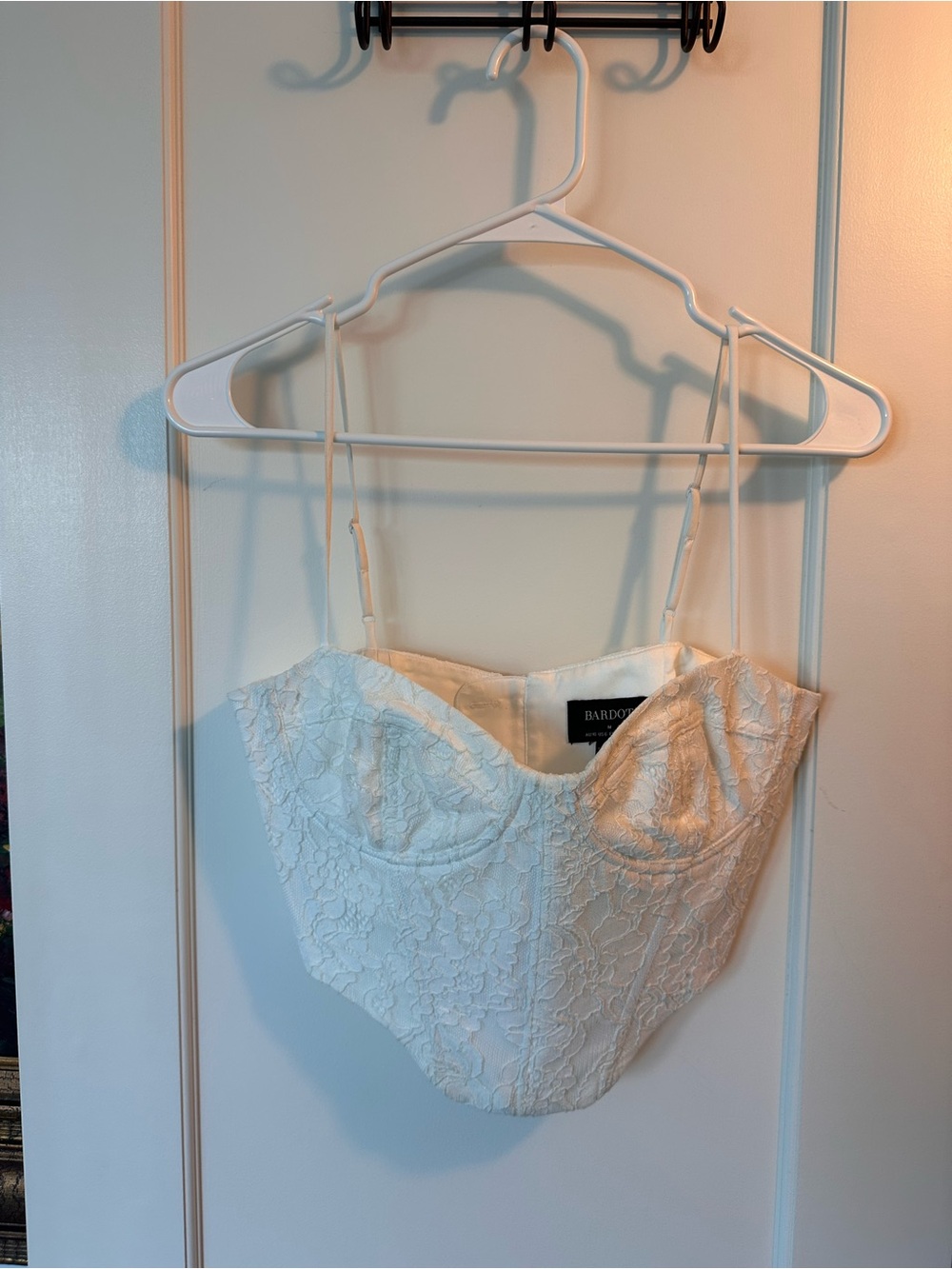 Bardot White Lace Corset Crop Top with Spaghetti Straps